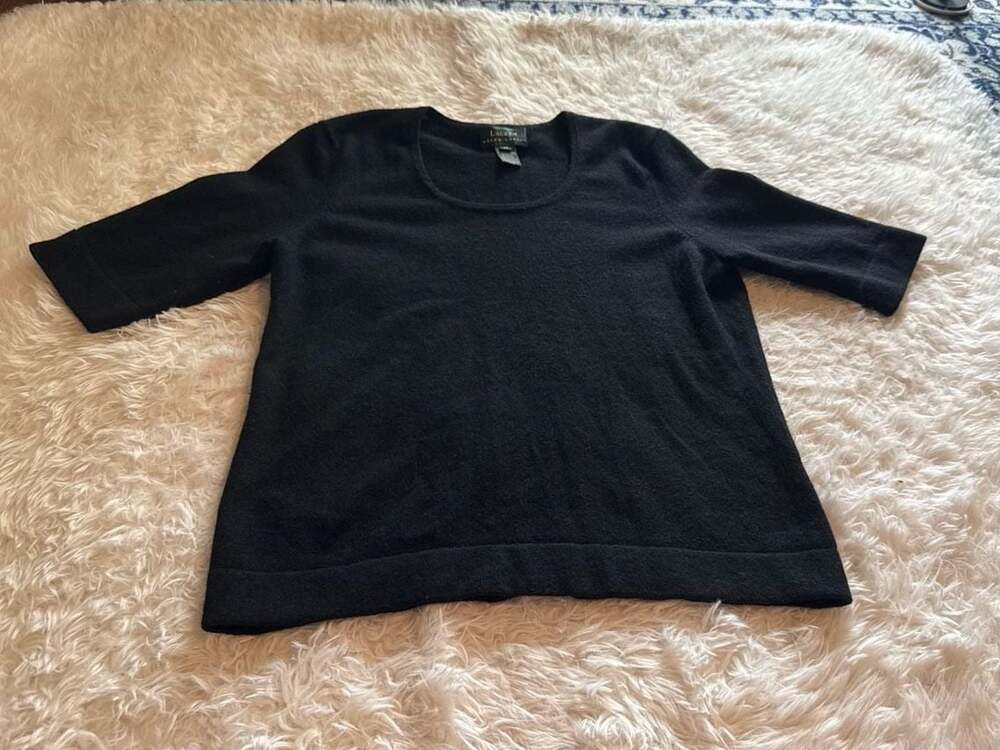 Lauren Ralph Lauren 100% Cashmere 3/4 Sleeve Black Crew Neck Sweater Size Medium